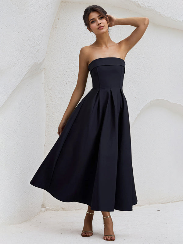 A Line Black Strapless Sleeveless Ruffles Chiffon Dress
