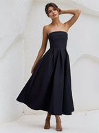 A Line Black Strapless Sleeveless Ruffles Chiffon Dress