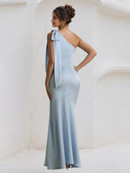 Blaues Satin Ein-Schulter bodenlanges formelles Partykleid mit Schleife