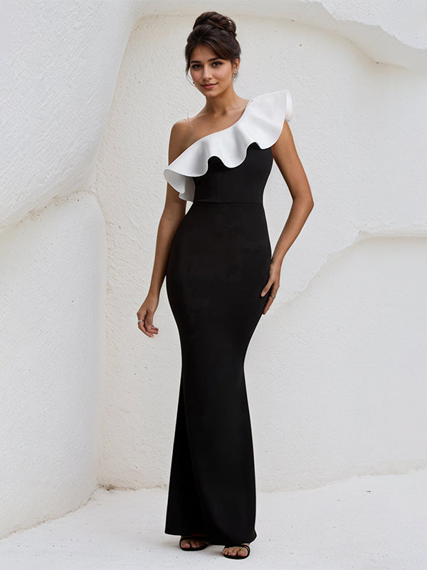 Schwarz-Weißes Ein-Schulter bodenlanges Kleid mit Volants, formelles Party-Kleid