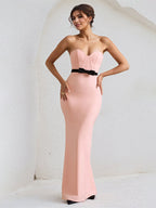 Pink Satin Sweetheart Neckline Sleeveless Floor Lenght Dress with Black Bow