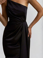 Black Stretch Crepe Off the Shoulder Sleeveless Asymmetrical Length Dress with Slit