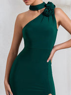 Green Stretch Crepe One Shoulder  Asymmetrical Length High Slit Dress with Flowers