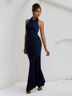 Robe de soirée formelle bleu marine en satin, dos nu, col halter, longueur au sol avec nœud