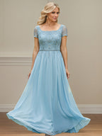 Light Blue A Line Square-Neck Chiffon Mother Of The Bride Dress With Appliques