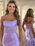 Pink Mermaid Strapless Satin Tiered Long Prom Dress with Sequins