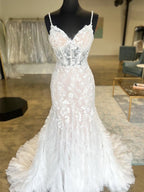 Spaghetti Straps Lace V-Neck Mermaid Wedding Gown With Tulle Train
