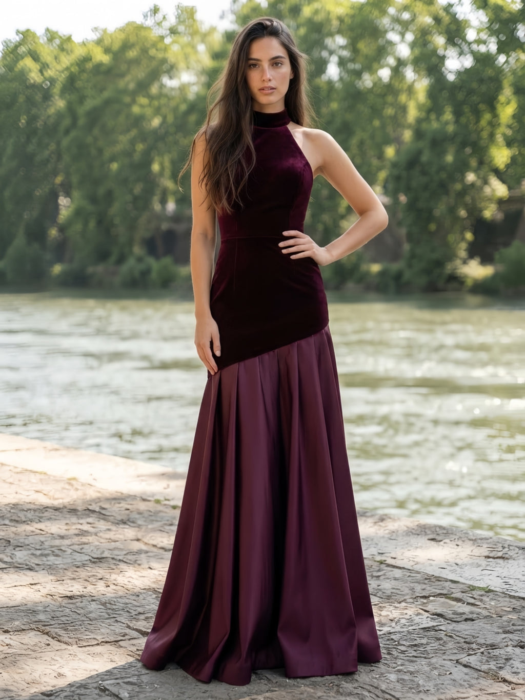 Mermaid/Trumpet Halter Velvet Maxi Evening Dresses with Pleats & Sweep Train