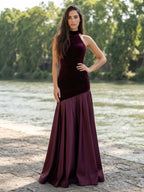 Mermaid/Trumpet Halter Velvet Maxi Evening Dresses with Pleats & Sweep Train