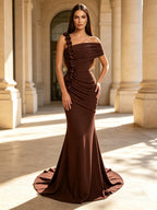 Mermaid/Trumpet Off Shoulder Stretch Jersey Maxi Evening Dresses with 3D Flowers, Sweep Train & Ruched Waist
