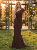 Mermaid/Trumpet One Shoulder Chiffon Maxi Evening Dresses with Ruched Waist & Sequin
