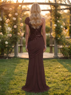 Mermaid/Trumpet One Shoulder Chiffon Maxi Evening Dresses with Ruched Waist & Sequin