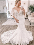 Lace Flutter Short Sleeve Deep V Mermaid Long Ornate Train Wedding Dress