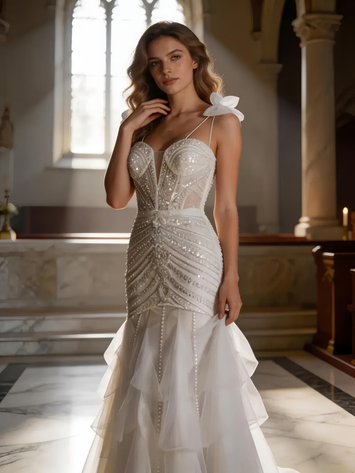 Elegant Bow Strap Corset Gown with Tiered Tulle Skirt