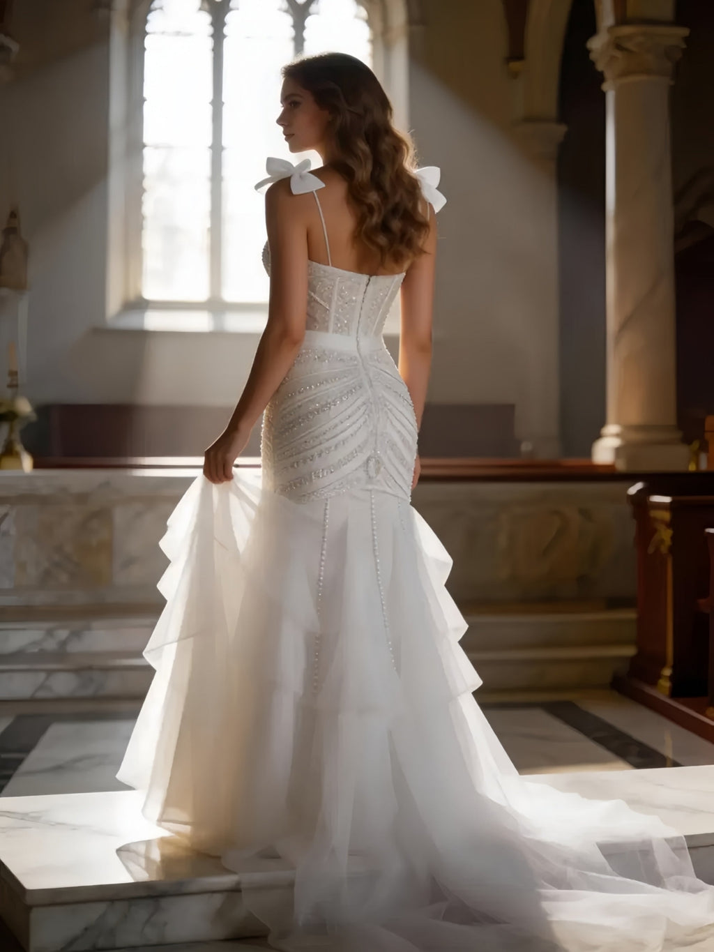 Robe élégante à bretelles nœud corset avec jupe en tulle à volants