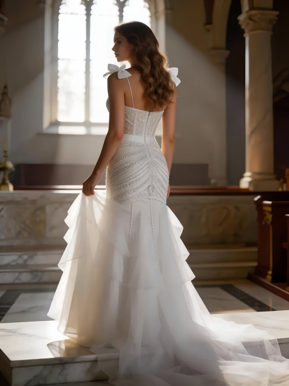 Elegant Bow Strap Corset Gown with Tiered Tulle Skirt