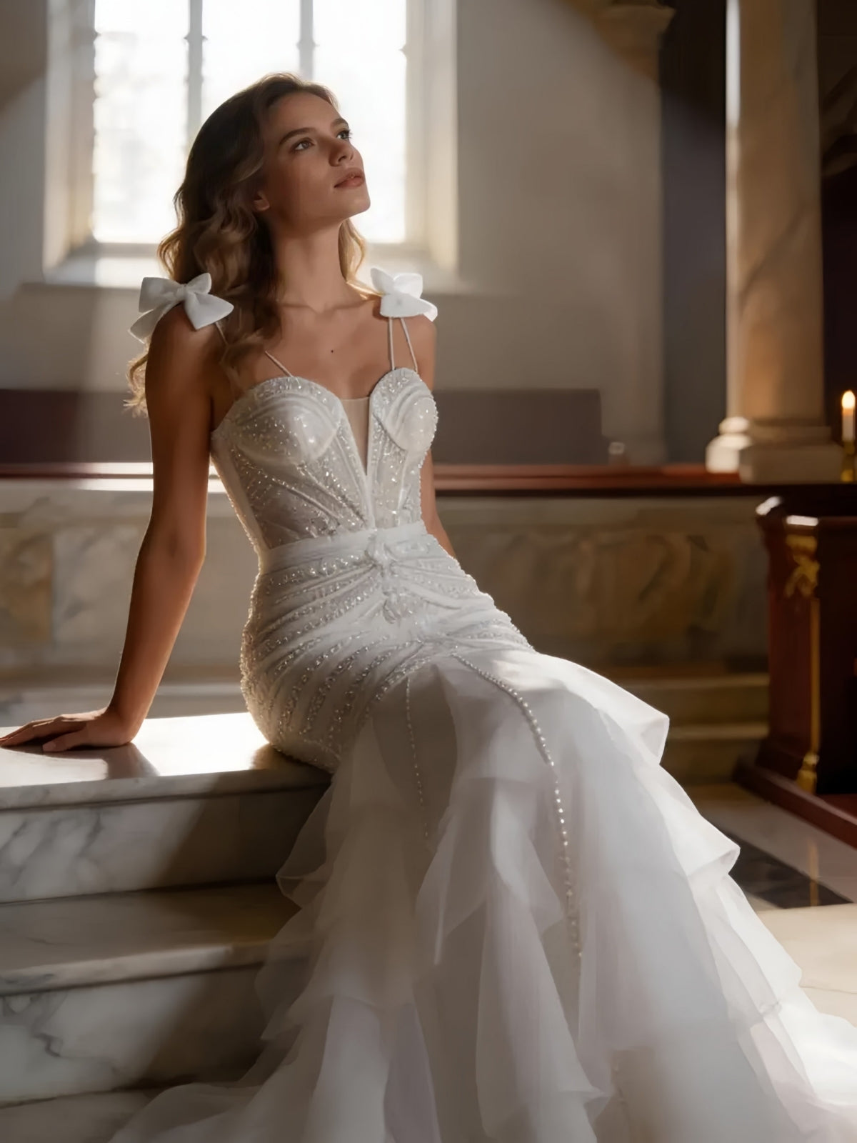 Elegant Bow Strap Corset Gown with Tiered Tulle Skirt