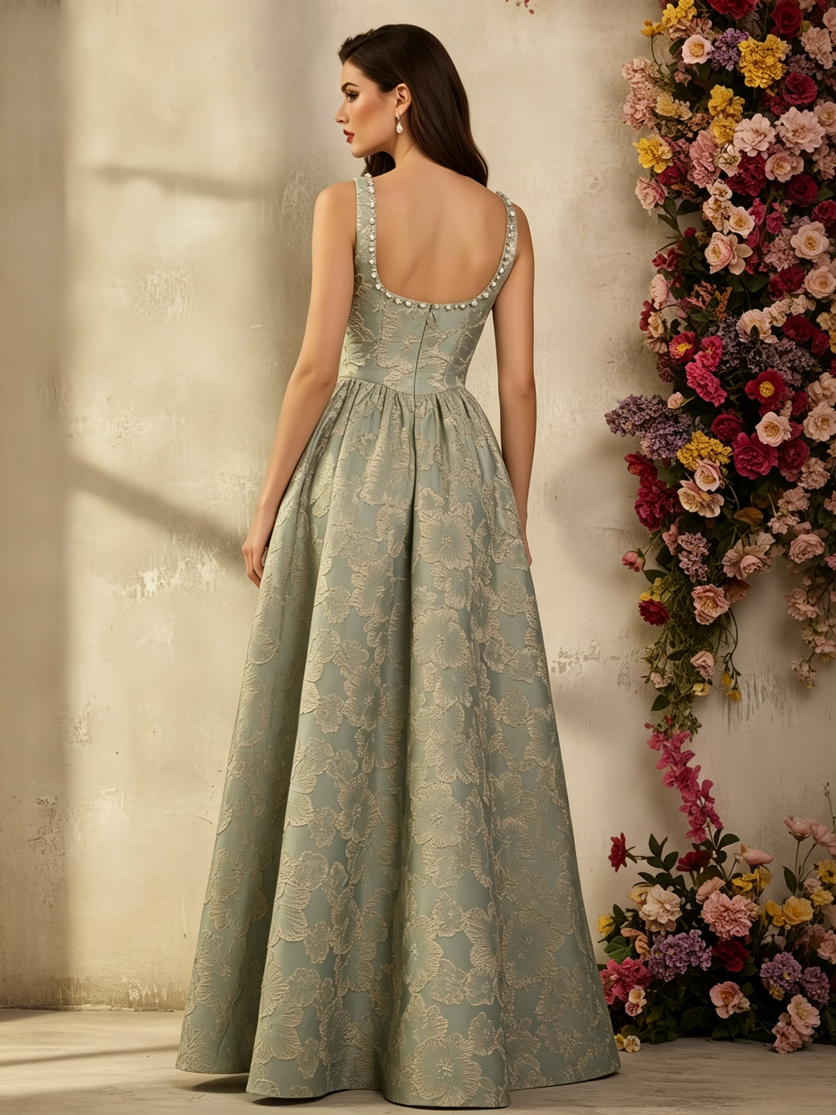 Elegant Floral Jacquard Corset Gown with Beaded Straps and Slit