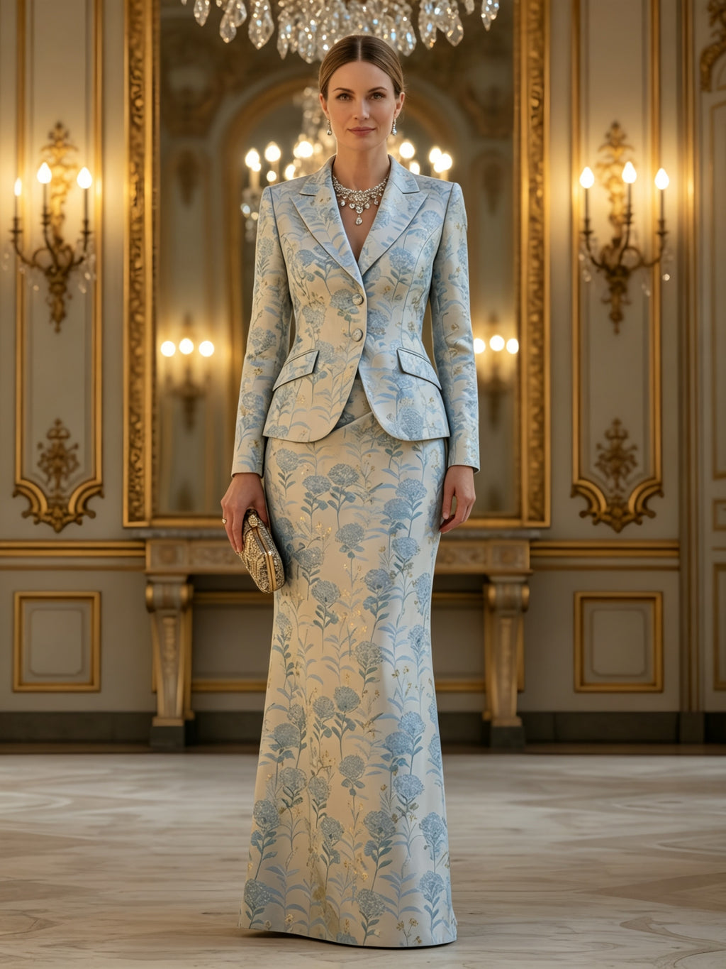 Elegant Floral Jacquard Blazer and Floor Length Skirt Set