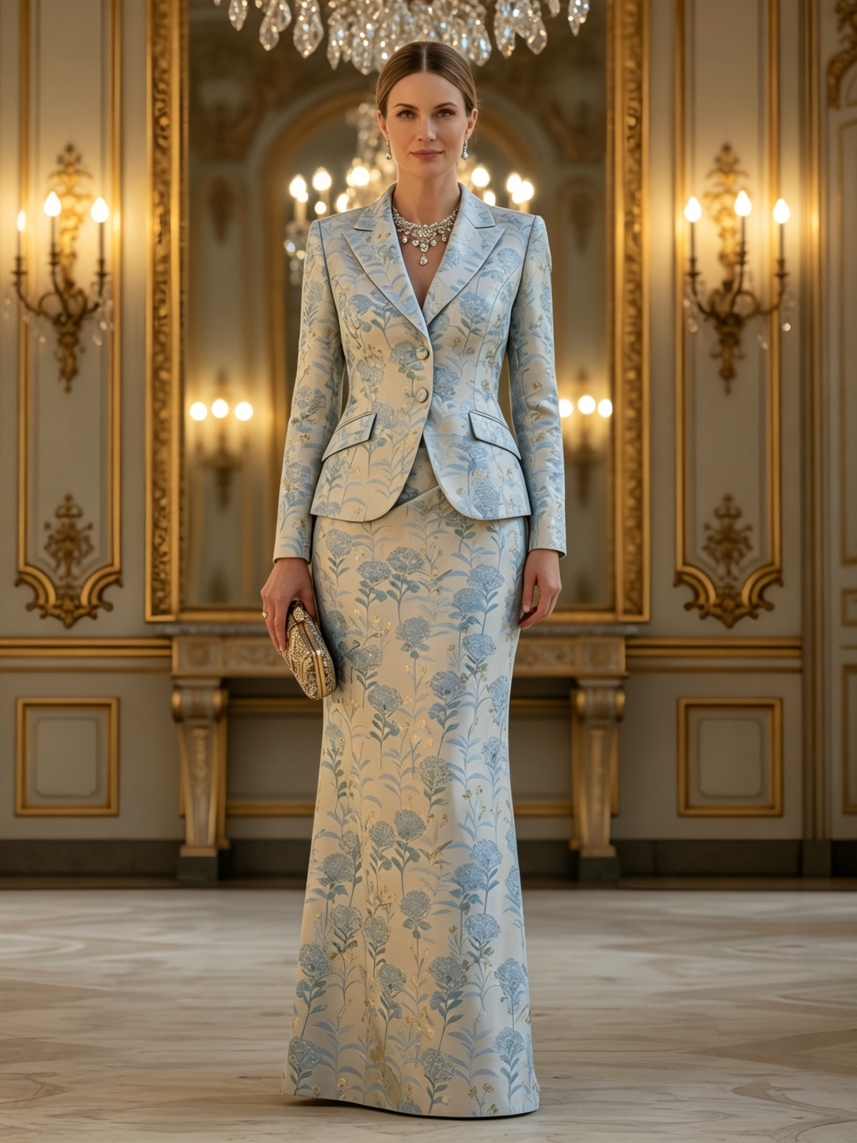 Elegant Floral Jacquard Blazer and Floor Length Skirt Set
