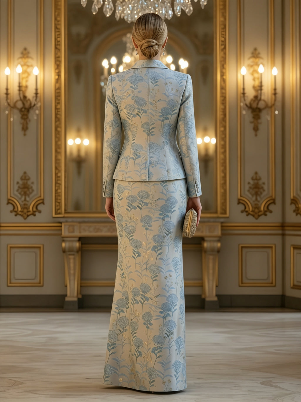 Elegant Floral Jacquard Blazer and Floor Length Skirt Set