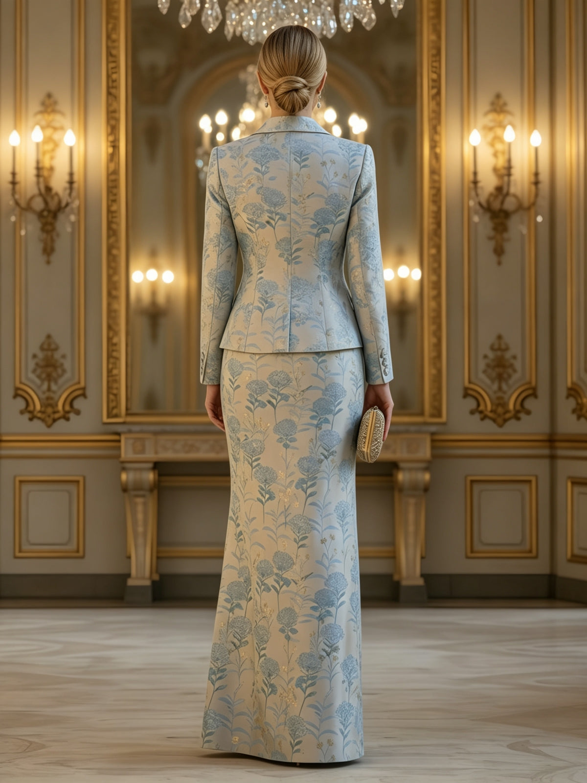 Elegant Floral Jacquard Blazer and Floor Length Skirt Set