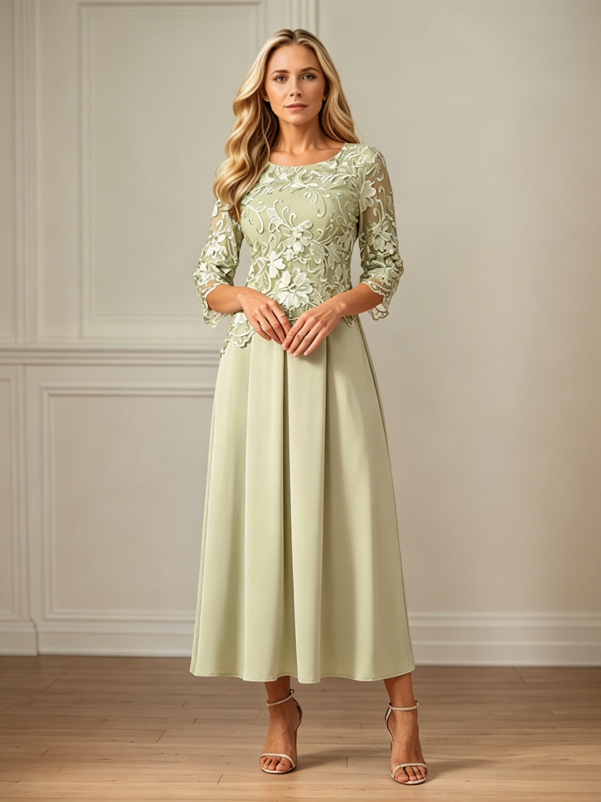 Crew Neck  A Line Ruffle Ruched Lace Maxi Dress Mother Of The Bride Dress