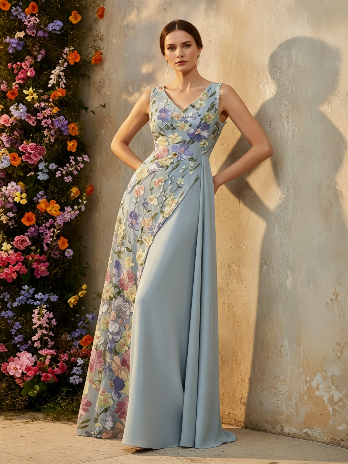 Floral Embroidered Asymmetrical Evening Gown with V-Neckline