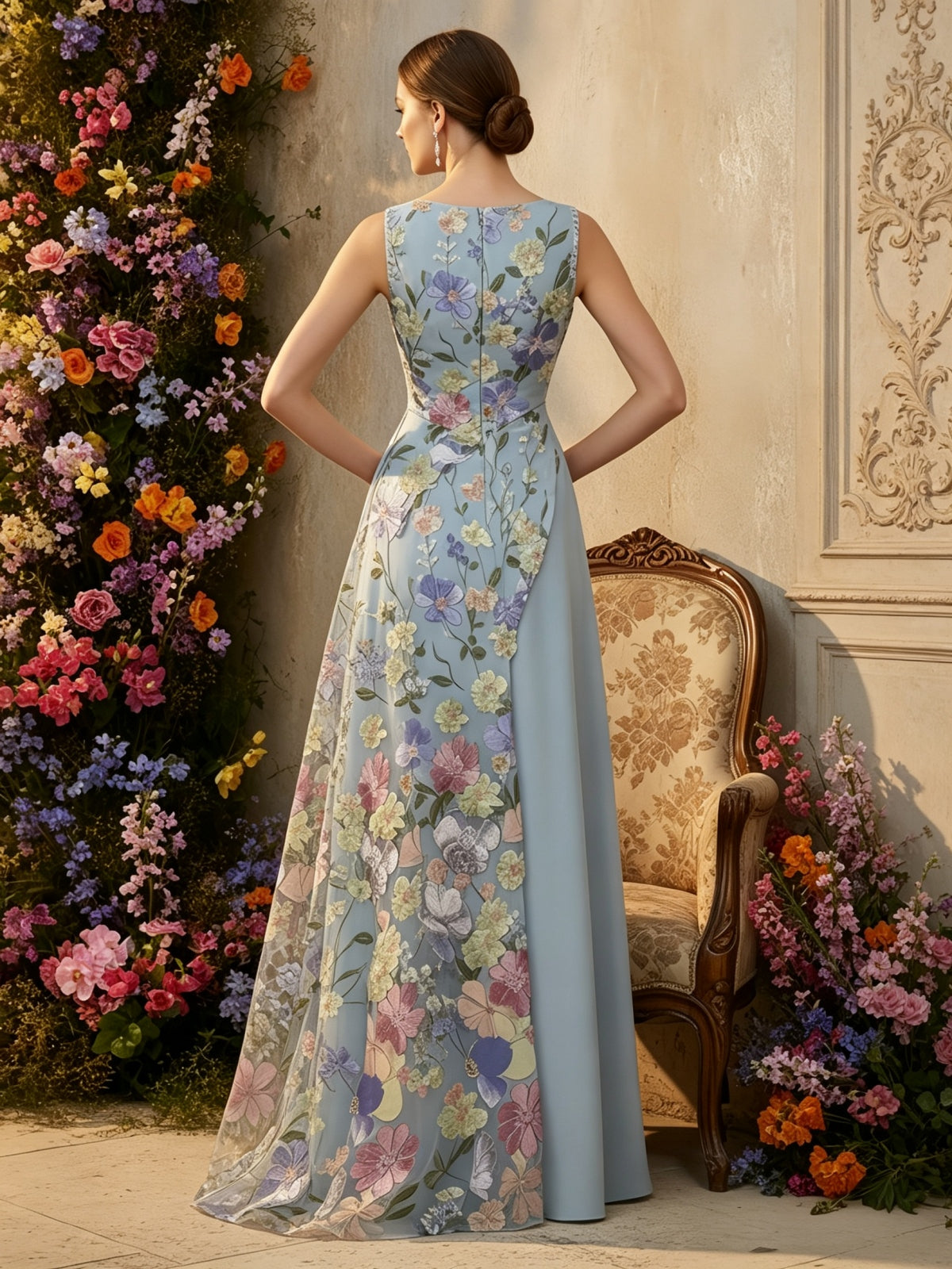 Floral Embroidered Asymmetrical Evening Gown with V-Neckline