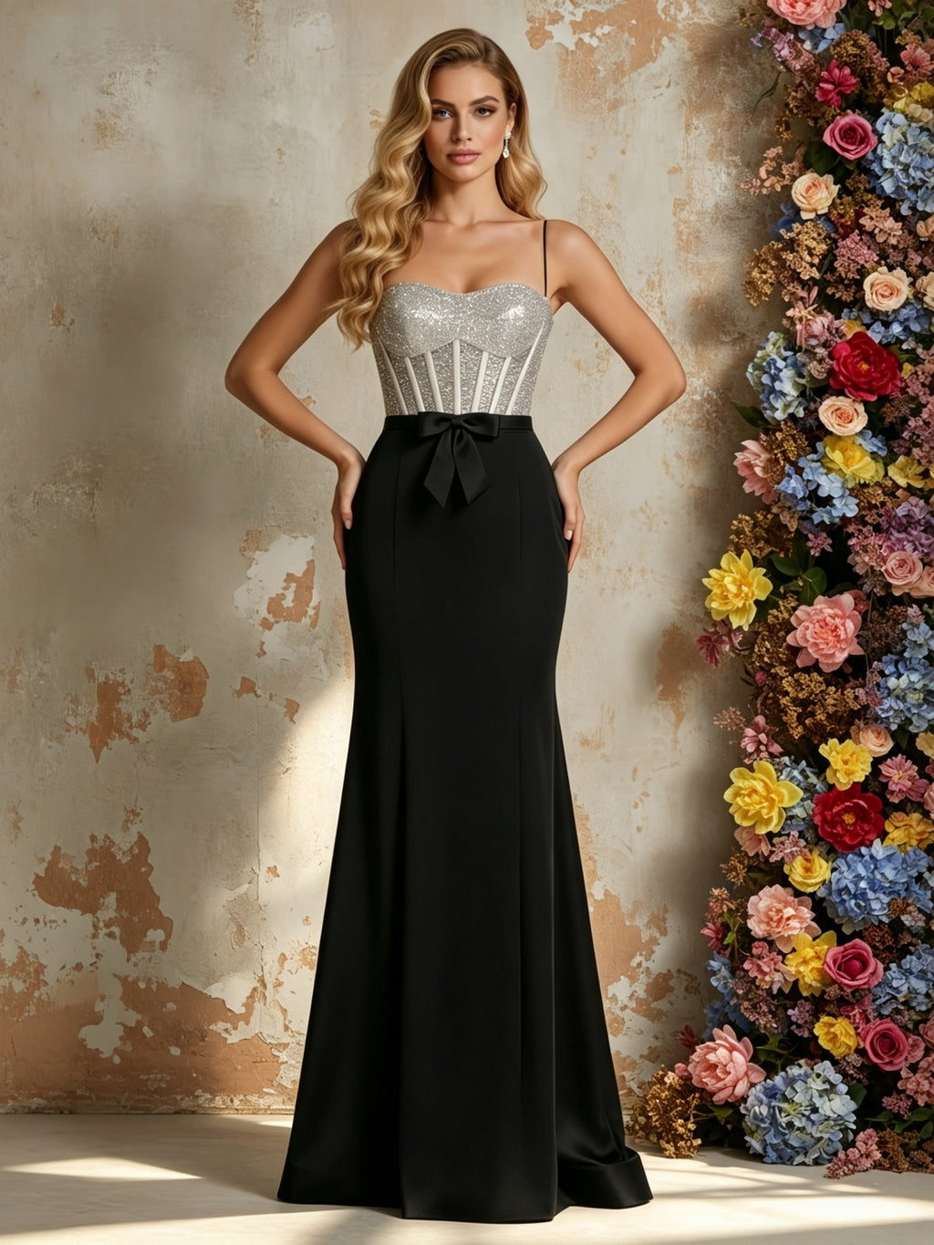 Shimmering Bodice Evening Gown with Waist Bow and Fitted Skirt