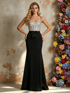 Shimmering Bodice Evening Gown with Waist Bow and Fitted Skirt