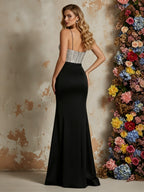 Shimmering Bodice Evening Gown with Waist Bow and Fitted Skirt
