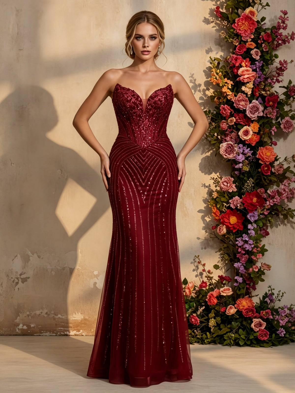 Abito da sera a sirena senza spalline con paillettes e scollo a cuore