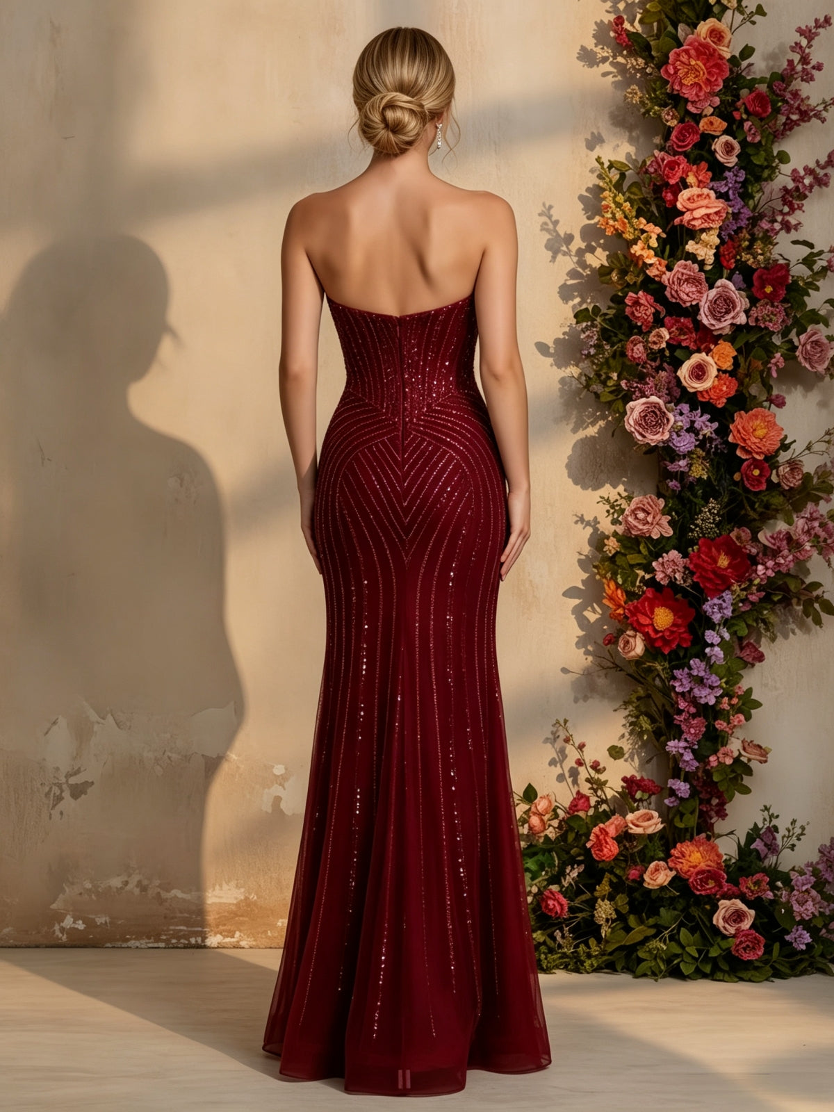 Abito da sera a sirena senza spalline con paillettes e scollo a cuore