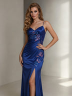 Floral Appliziertes Satin-Abendkleid mit Oberschenkelschlitz
