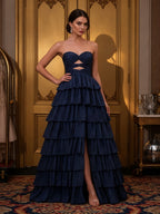 Strapless Tiered Ruffle Evening Gown with Cutout Bodice