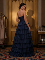 Strapless Tiered Ruffle Evening Gown with Cutout Bodice