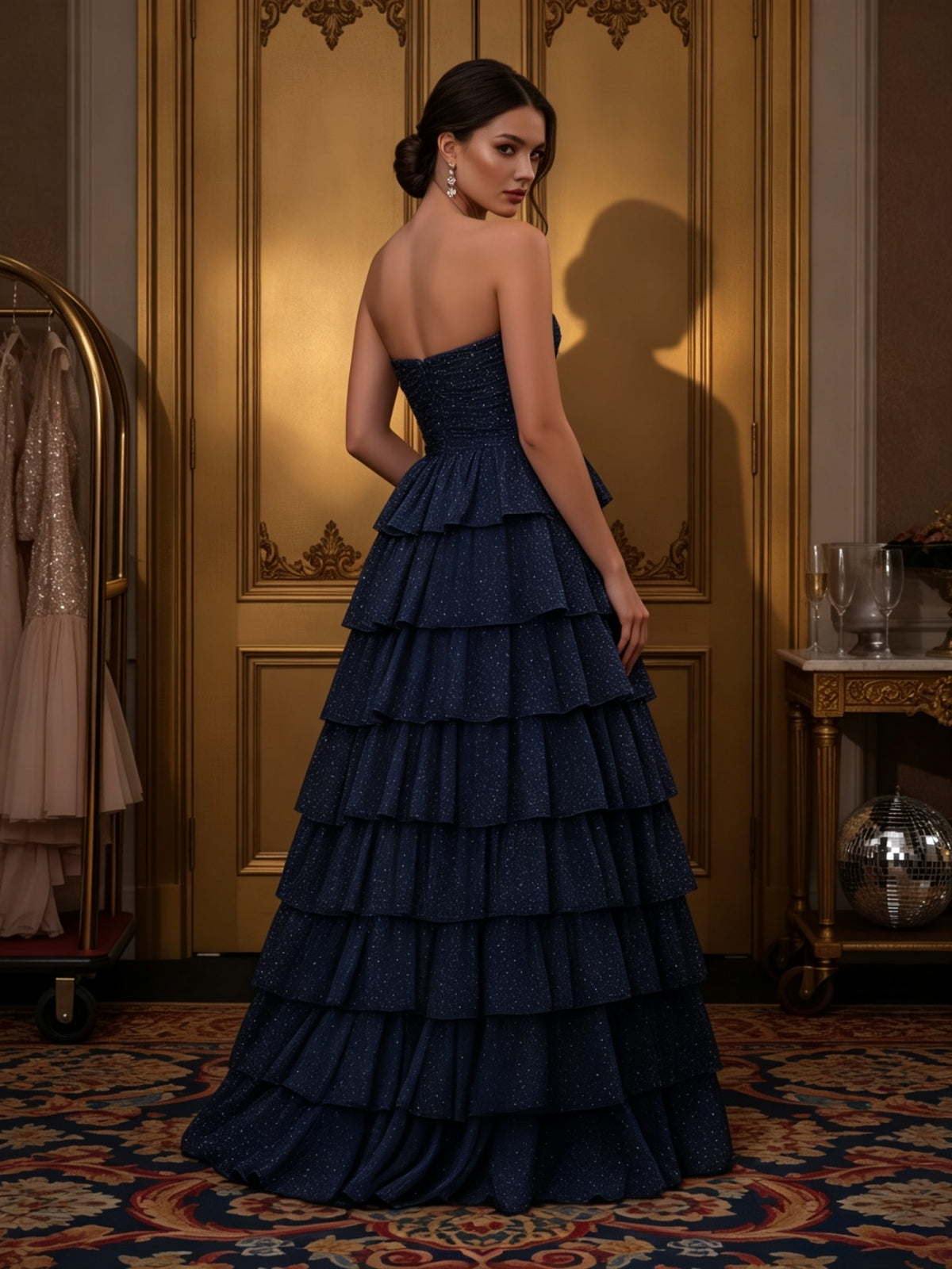 Strapless Tiered Ruffle Evening Gown with Cutout Bodice