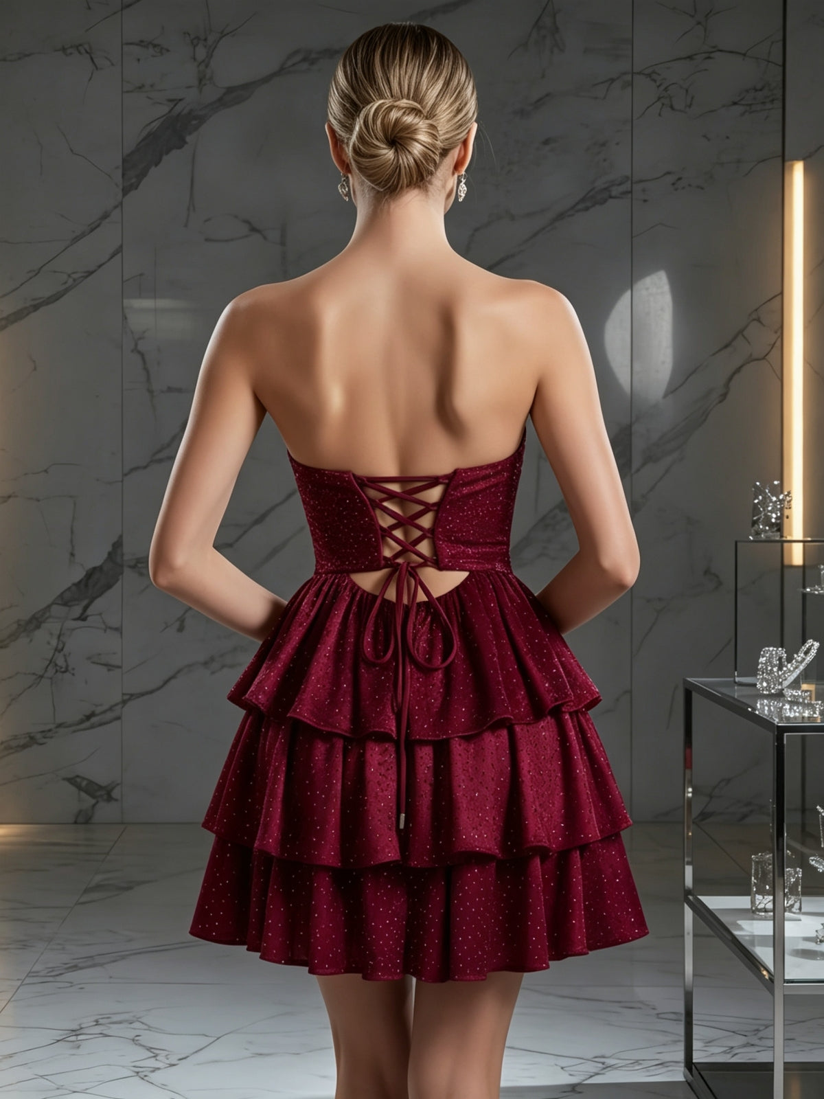 Trägerloses Gestuftes Minikleid mit Front-Cutout und Schnürung am Rücken