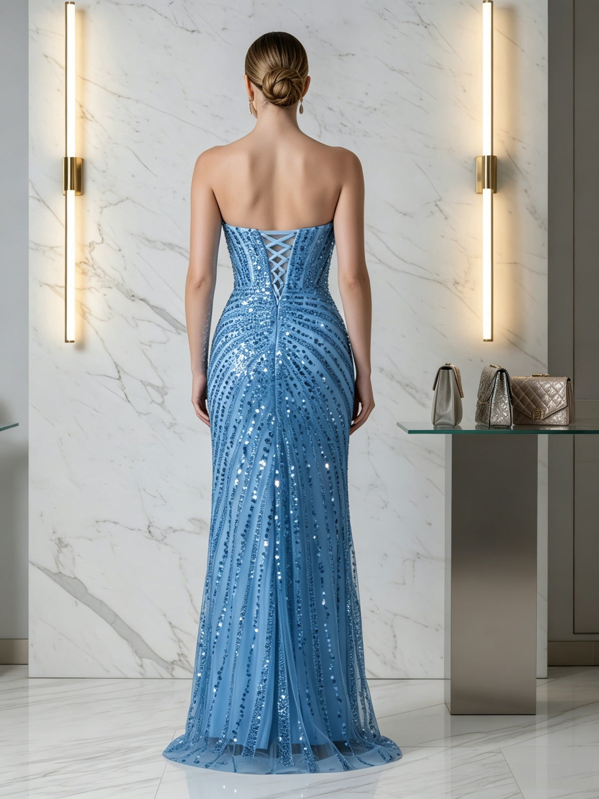 Strapless Sequined Corset Gown with High Slit and Lace-Up Back