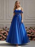 Schulterfreies Floral Appliziertes Ballkleid mit Korsettoberteil