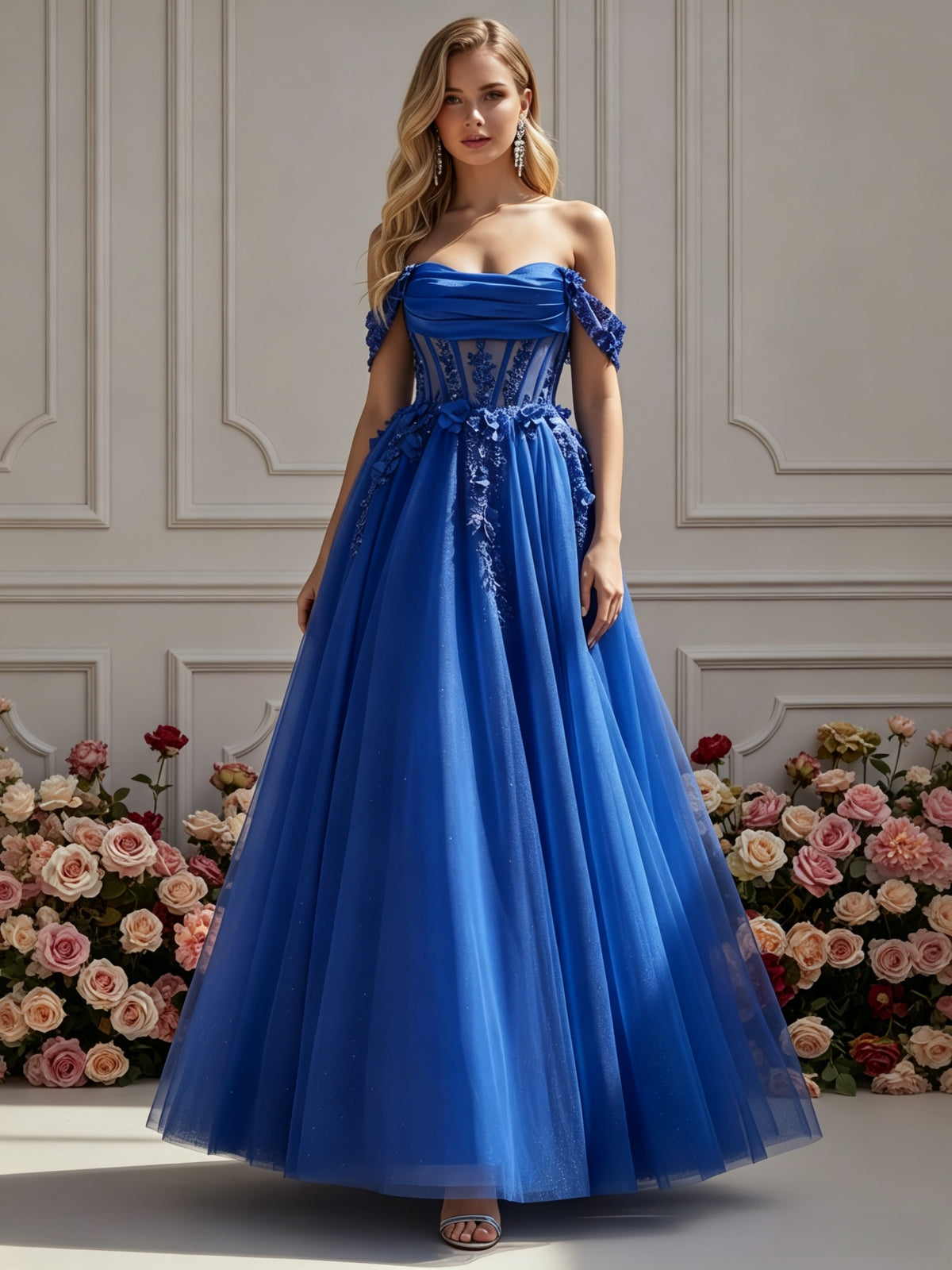 Off-the-Shoulder Floral Applique Ball Gown with Corset Bodice