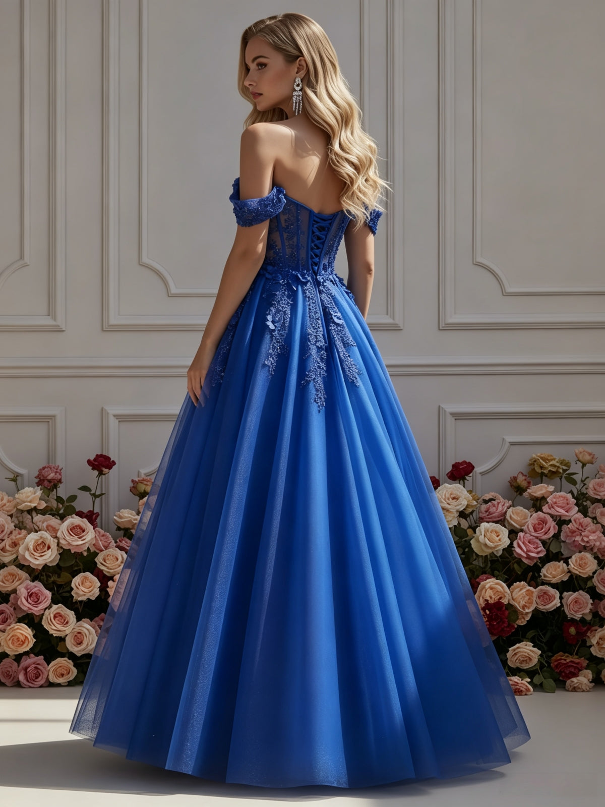 Off-the-Shoulder Floral Applique Ball Gown with Corset Bodice
