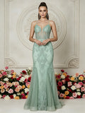 Embellished Mermaid Gown with Illusion Plunge and Corset Back