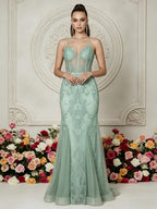 Embellished Mermaid Gown with Illusion Plunge and Corset Back