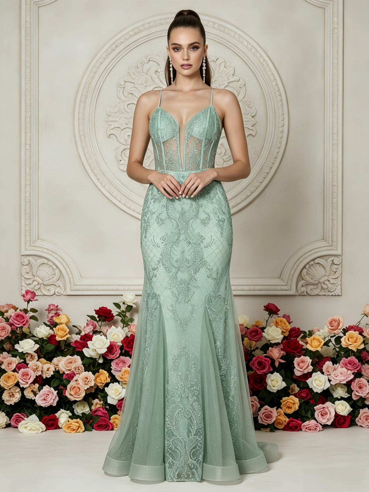 Embellished Mermaid Gown with Illusion Plunge and Corset Back