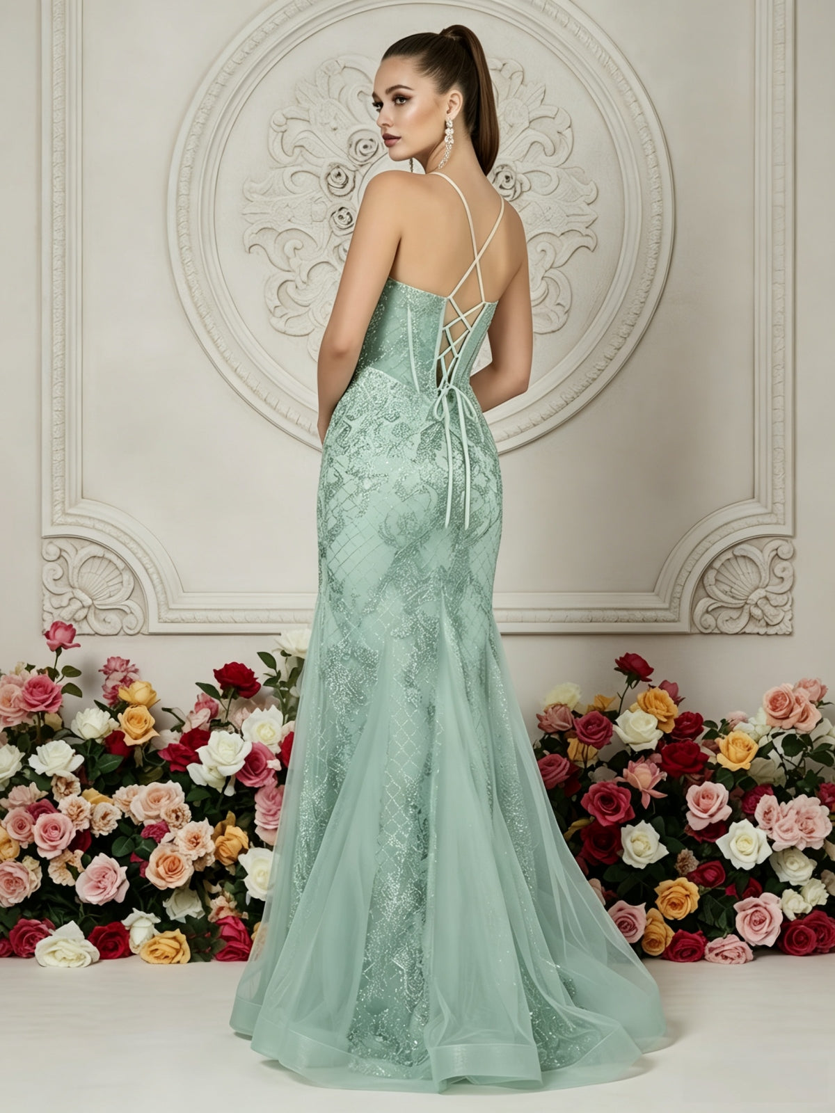 Embellished Mermaid Gown with Illusion Plunge and Corset Back