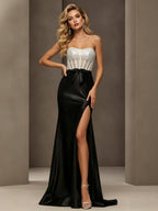 Strapless Corset Evening Gown with Bow Detail and High Slit