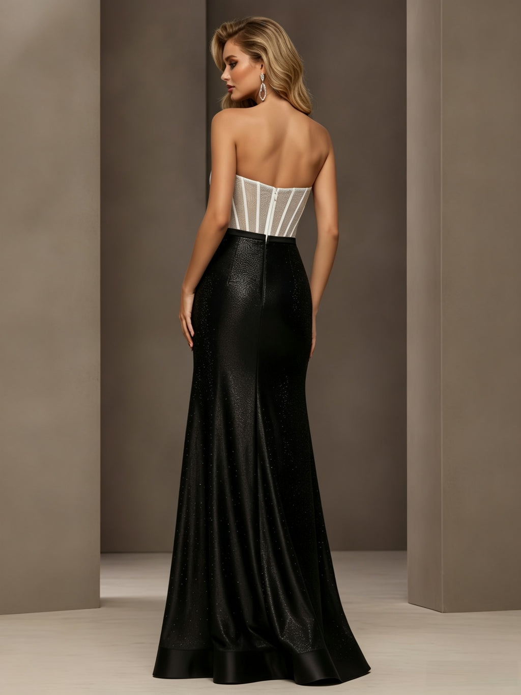 Strapless Corset Evening Gown with Bow Detail and High Slit