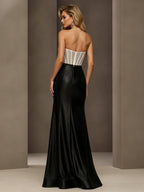 Strapless Corset Evening Gown with Bow Detail and High Slit